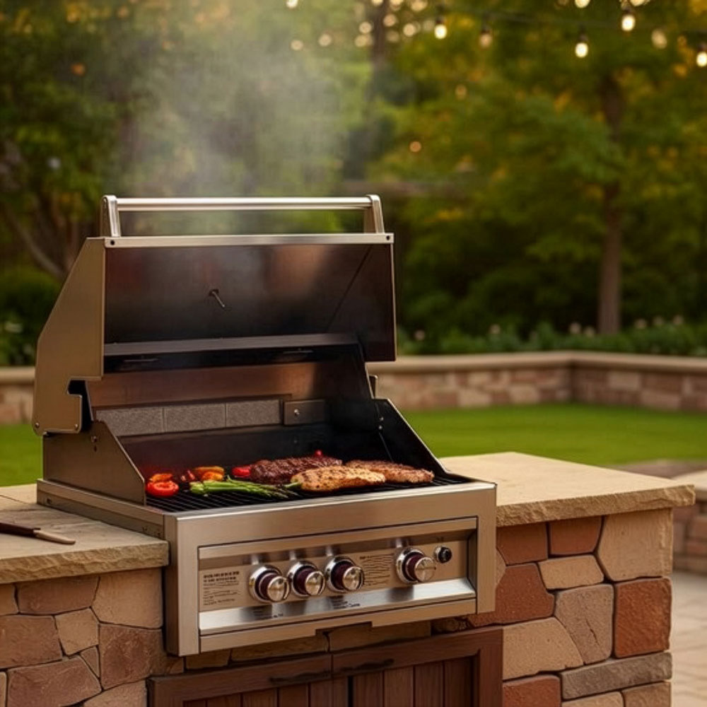 Built-in Bull grill installed in an outdoor kitchen in Austin TX