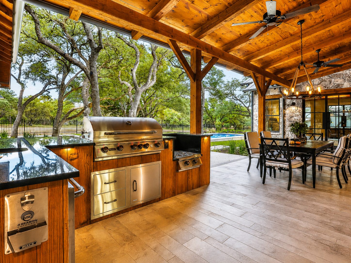 Water's Edge vaulted cedar ceiling and chandelier