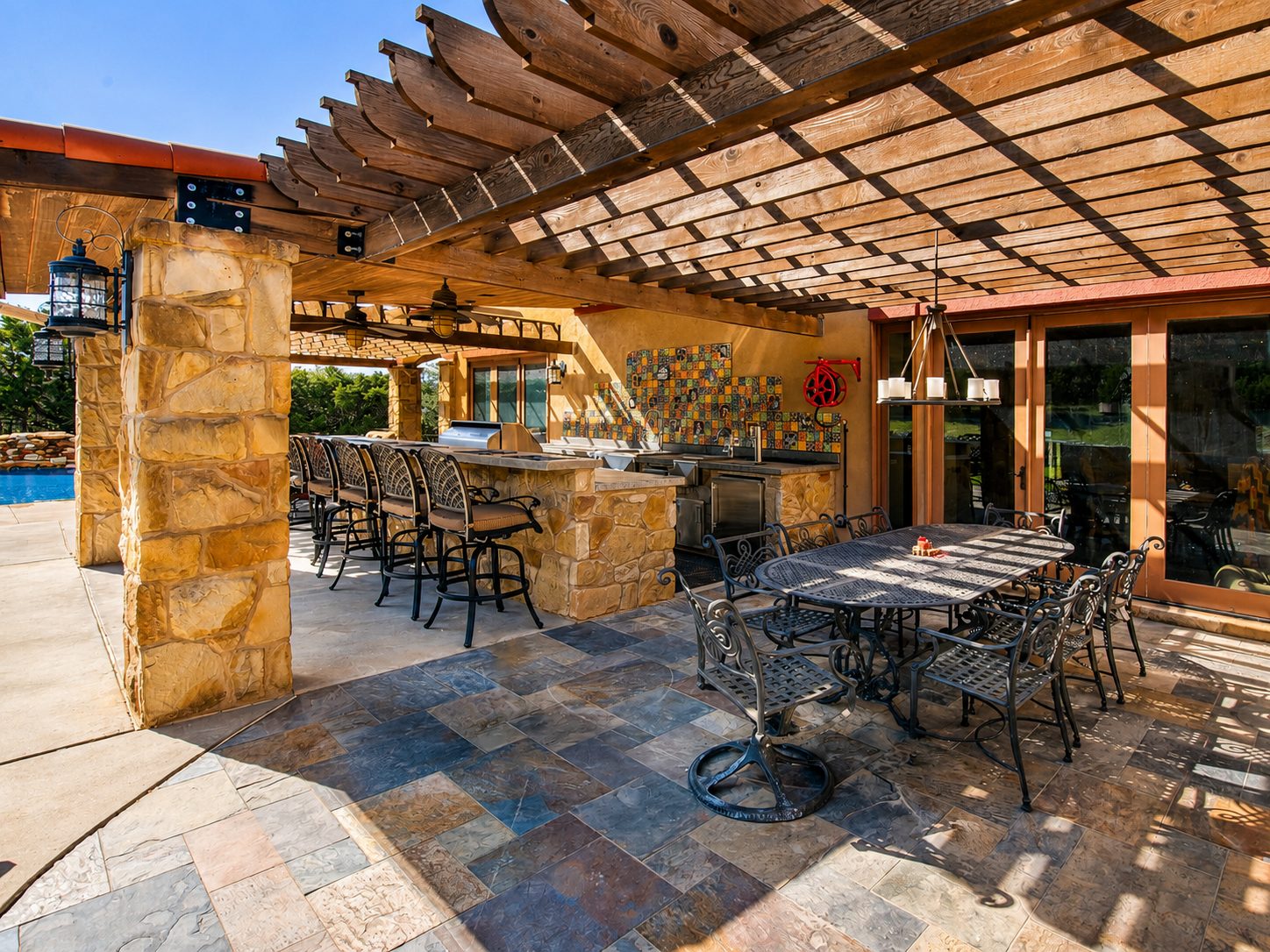 Lime Creek timber-frame pavilion and pool surround