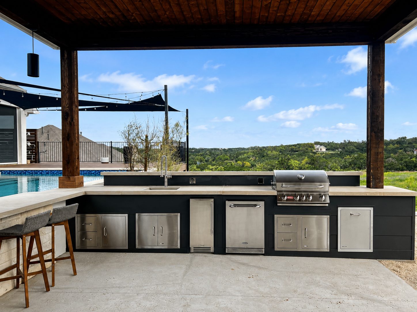 Completed outdoor kitchen at dusk
