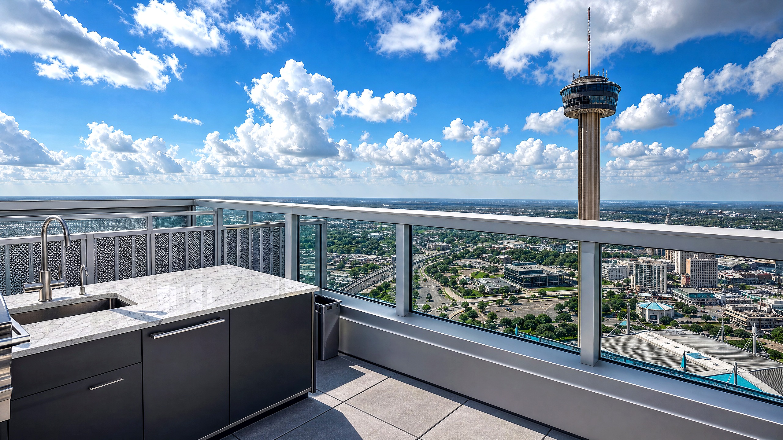 Downtown San Antonio rooftop outdoor kitchen with Tower of the Americas in background